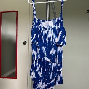 Blue and White Ruffled Blouse